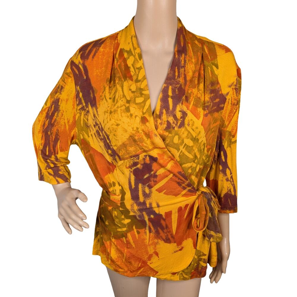 Vtg Beppa Handmade Batik Wrap Top L | Golden Abstract One-of-a-Kind Art to Wear